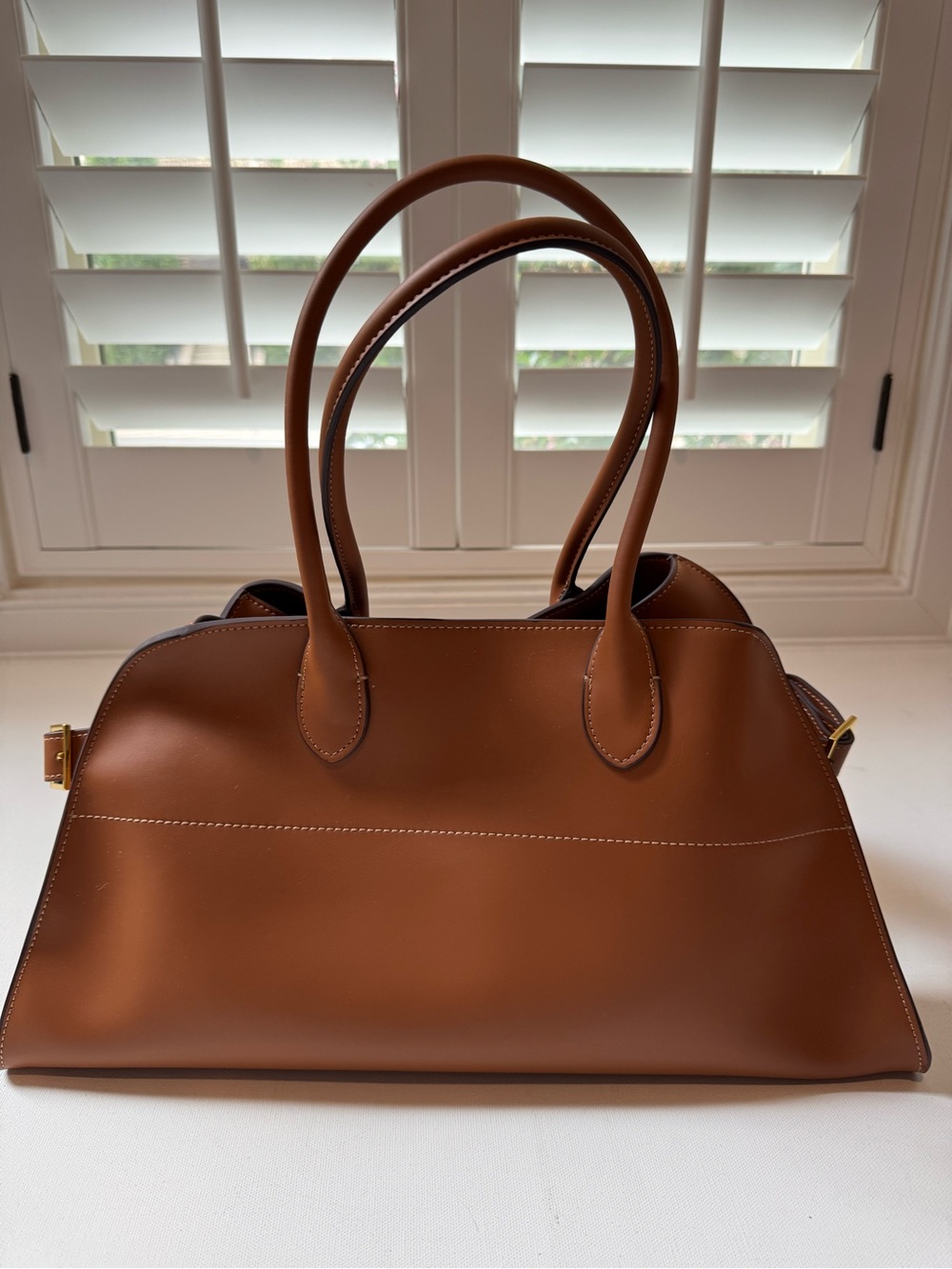 LUXE Margaux brown leather structured satchel tote with dust bag